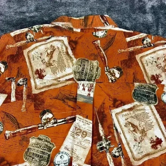 North River Outfitters All Over Fishing Print Orange Long Sleeve Button Up XL - Picture 8 of 9